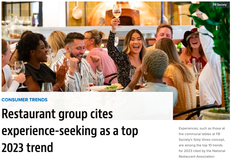 Restaurant group cites experience-seeking as a 2023 trend